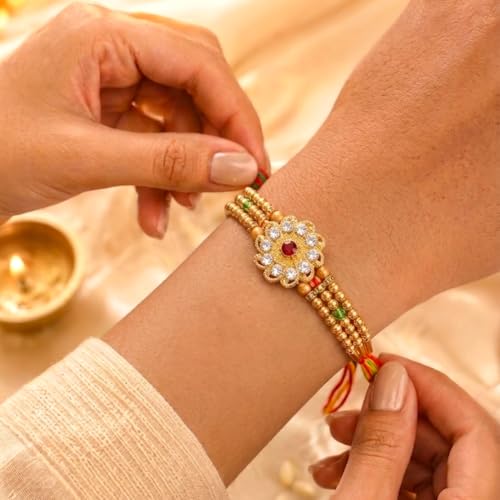 Image of Peora Om Shree Ram Swastik Rakhi for Brother Bhaiya | Crystal & Beads Studded | Red Thread | Raksha Bandhan Hamper with Roli Chawal Greeting Card
