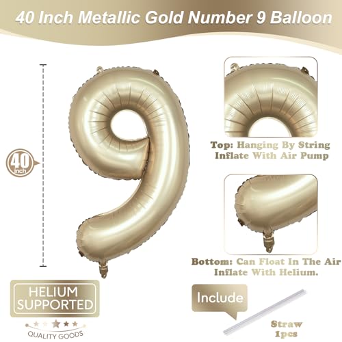Image of Light Gold Purple Number 9 Balloon, 40 Inch Metallic Gold Foil Number Balloons Set 0-9 for Boys Men, Globos de Numero 9 Helium Balloon for 9th Age Girls Birthday Anniversary Party Decorations Supplies