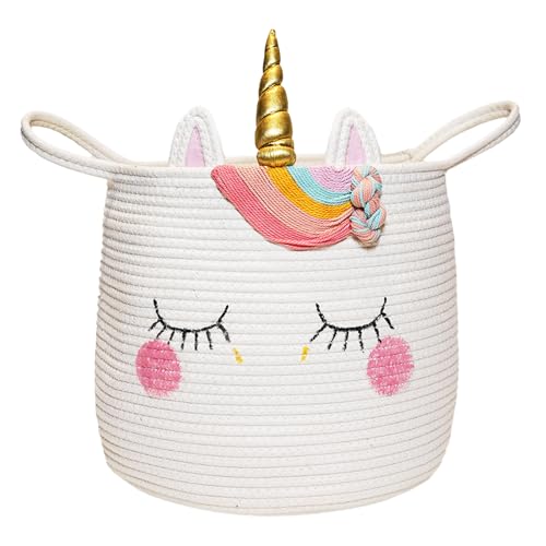 Image of Large Unicorn Woven Basket with Handles - Toy Storage Bin, Baby Gift & Animal Nursery & Cute Laundry Basket, for Clothes, Towels, Toys (Unicorn)