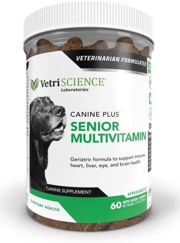 VETRISCIENCE Canine Plus MultiVitamin for Senior Dogs - Vet Recommended Vitamin Supplement - Supports Mood, Skin, Coat, Liver Function, 60 (Packaging May Vary)
