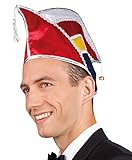 Sie ist in den Farben Rot, Gelb, Blau und Weiß gehalten und mit einer silbernen Borte und einem kleinen Bommel verziert