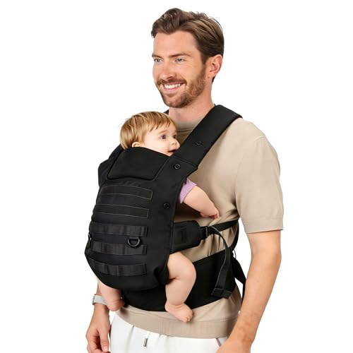 PDBEST Babytrage für Papa, Ergonomische Baby Trage mit Hüftgesunde (4-36 Monate), 3-in-1 Baby Carrier für 3,5-15kg, Leicht, Atmungsaktive, Einhandbedienung für Unterwegs & Reisen, Schwarz