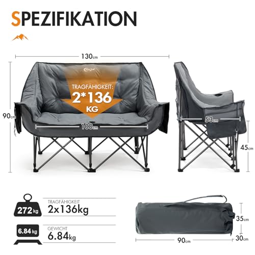 Portal Campingstuhl faltbar Campingsofa für 2 Personen 272kg belastbar – Ansicht 3