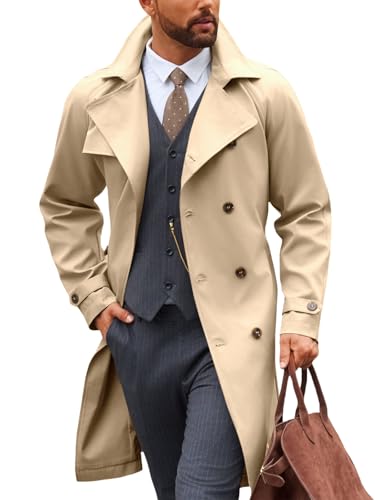 Image of Runcati Mens Trench Coat Double Breasted Notched Lapel Casual Belted Windbreaker Fall Classic Long Jacket Overcoat