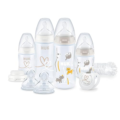 NUK Perfect Start First Choice+ Juego de biberones | 0-6 meses | 4 botellas de control de temperatura, maniquí, cepillo de botella y más | Sin BPA | Safari | 10 unidades