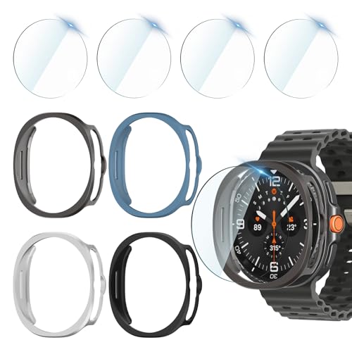 Jvchengxi 4+4Piezas Funda 46mm para Samsung Galaxy Watch 8 Classic Protector,Antiarañazos PC Carcasa+HD Protector Pantalla Cristal Templado para Galaxy Watch 8 46mm(Negro+Plata+AzulNube+GrisEspacial)