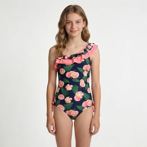 Image of Girls Lemon Double Ruffle One Shoulder Adjustable Swimwear Fashionable One Piece Bathing Suit(5y-16y)