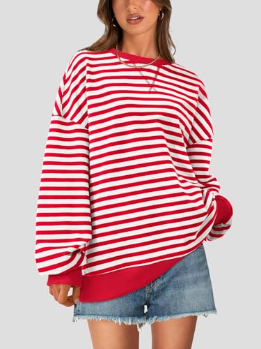 Image of PRETTYGARDEN Womens Striped Oversized Sweatshirt Color Block Crew Neck Long Sleeve Casual Loose Pullover Top Y2K Clothes