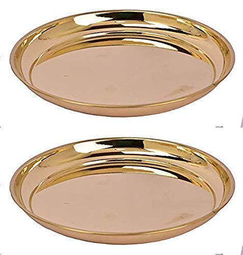 Keshav MUKUT Handmade Pure Brass Pooja Plate-(6 Inch, Gold) Set of 2
