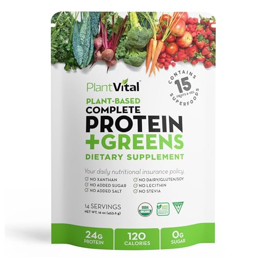 Plantvital Unflavored Organic Vegan Protein Powder - 15 Superfoods, Veggies and Probiotics - Organic Plant-Based Protein Powder - All BCAA’s, Gluten Free - 16oz -1 Pouch