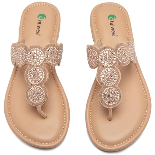 Image of Ataiwee Women's Bohemian Bling Flat Slide Sandals - Casual Summer Thong Sandals with Rhinestone Decor, Rubber Sole, Lightweight & Comfortable for Casual Attire Strappy Sandals.