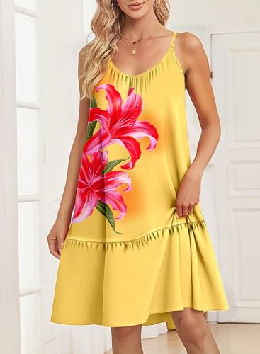 Image of Dokotoo Summer Dresses for Women 2026 Spaghetti Strap Sexy Deep V Neck Smocked Ruffle Flowy Boho Dresses