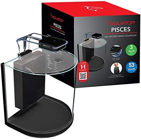 Aquatop Pisces Curved Bowfront Aquarium, 3 Gallons, 53GPH – Nano Semi-Circle Glass Aquarium Kit, for Salt & Freshwater Fish Tanks, Touch Sensitive LED Light, All in One Tank with Filter
