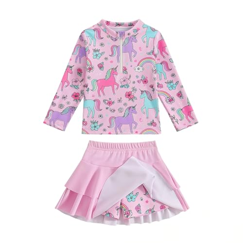 Image of Girls Rash Guard Swimsuit Set UPF 50+ Long Sleeve Two Piece Swimwear Half Zip with Skirt Bottom for Kids 3-10Y