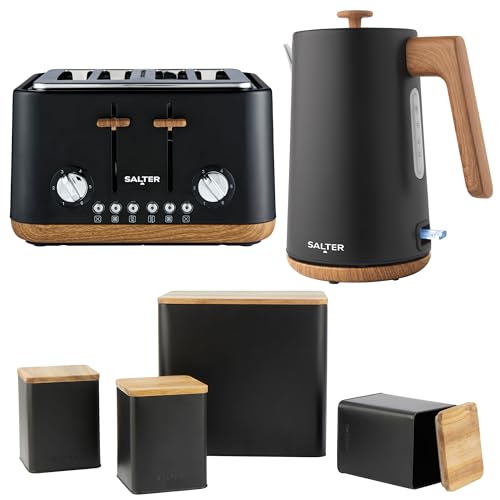 Salter COMBO-9184 Toronto Kettle, Toaster & Canister Set – 1.7L Rapid Electric Water Boiler, 4 Slice Wide Slot Toasting, Bread Bin, Tea/Coffee/Sugar Storage Caddies, Limescale Filter, Black