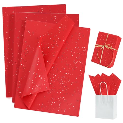 BEISHIDA 50 Sheets Red Glitter Tissue Paper Bulk, Glitter Tissue Wrapping Paper for Gift Bags, 14 x 20 Inch Gift Wrap for Birthday Wedding Graduation DIY Crafts Holiday Flowers