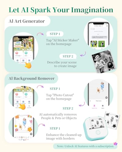 Memoking Mini Printer - T02 Sticker Printer Print Pod Portable Thermal Inkless Sticker Maker Bluetooth Pocket Mini Photo Printer Instant Print, Smart AI APP, for Student Study Note, Journal, DIY, Gift