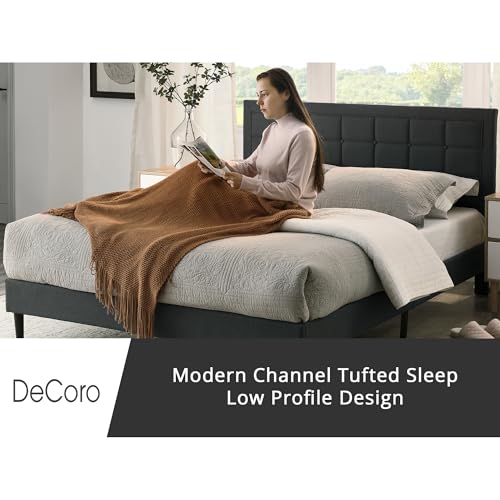 Image of Decoro Mornington Upholstered 2.0 Platform Bed, Button-Tufted Fabric Headboard and Metal Frame with Wood Slat Support, Dark Grey, Queen
