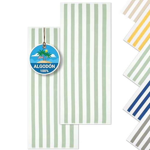 ZOLLNER Juego de 2 Toallas de Playa - Toallas de baño Resistentes y absorbentes en 70x180 cm - Lavables hasta 95°C - algodón - diseño Atemporal a Rayas en Salvia - Certificado Oeko Tex