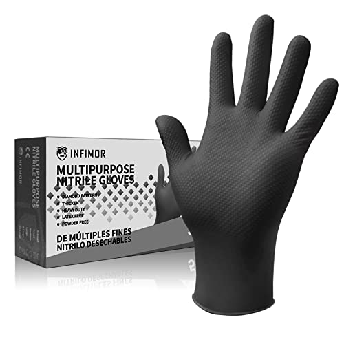 Infimor 6mil/8mil Nitrile Gloves, Disposable Latex Free, Pack 50/100, Powder Free Heavy Duty Gloves (8Mil/50Pcs/Black, Large (Pack of 50))