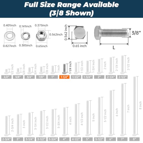 Image of 8 Sets Glvaner 3 /8-16 x 1-1 /4 inch Stainless Steel Hex Head Screws Bolts, Nuts, Flat & Lock Washers, 18-8 (304) Stainless Steel, Full Thread, Coarse Thread