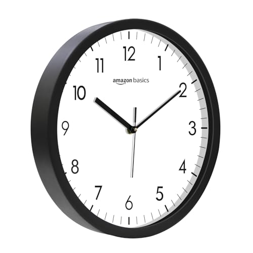Image of Amazon Basics Plastic 12-Inch Wall Clock | Analog Operation | Durable Polypropylene Construction | Silent Precision | Battery-Powered | 1-Year Warranty (Black)