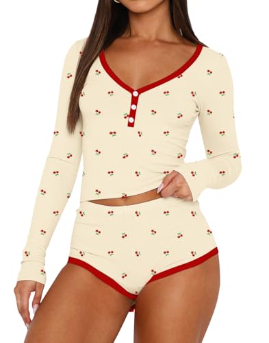 Image of Lacozy Womens Sexy Pajama Sets 2 Piece Cute Pj Set V Neck Long Sleeve Crop Top and Shorts Y2k Lounge Sets Sleepwear