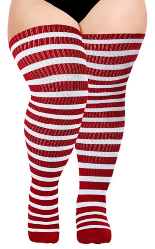 Image of Moon Wood Plus Size Thigh High Socks for Women Knit Cotton Extra Long Striped Over the Knee High Socks Leg Warmers