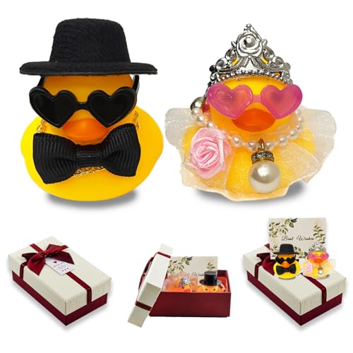 2er-Set Quietscheenten Braut und Bräutigam,Lustige Hochzeitsgeschenke für Brautpaar,Hochzeitspaar Figuren Klein mit Karte & Bogen Geschenkbox (Weiß)