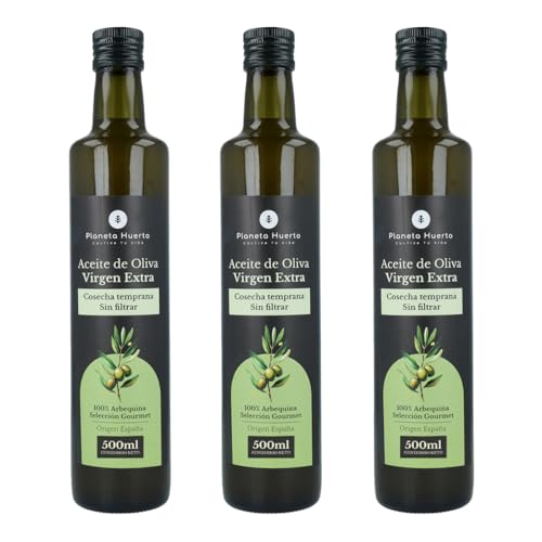 PLANETA HUERTO | Pack 3× Aceite de Oliva Virgen Extra Cosecha Temprana Verde Sin Filtrar 500 ml – Aceite Selección Gourmet, Sabor Intenso y Alta Concentración en Antioxidantes