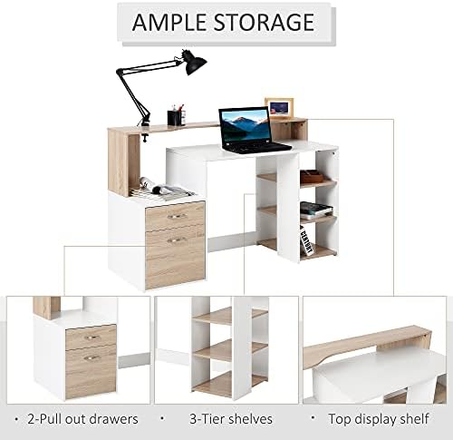 HOMCOM Computer Desk PC Table Modern Home Office Writing Workstation Furniture Printer Shelf Rack w/Storage Drawer & Shelves (Oak and white)