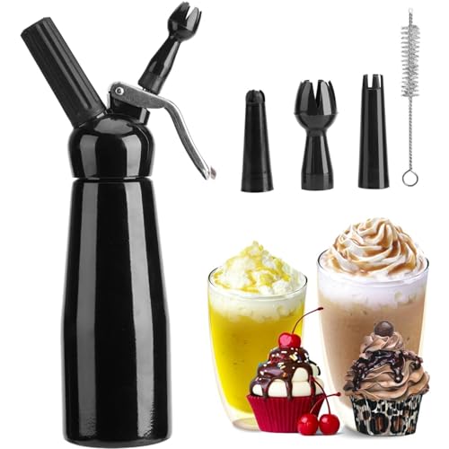 La Mejor Recopilación de Dispensador de crema batida los 5 mejores. 43 masoe Sifon Crema Batida, 500 ml Dispensador de Crema Batida, Con 3 Cabezales Decorativos, 1 Cepillo de Limpieza. Dispensador de Crema, Ldeal para Café y Postres (Negro)