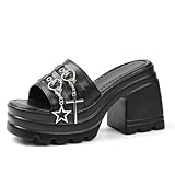 Yremael Women Black Gothic Sandals Chunky Buckle Heel Square Toe Slip On Block High Heel Dressy Shoes