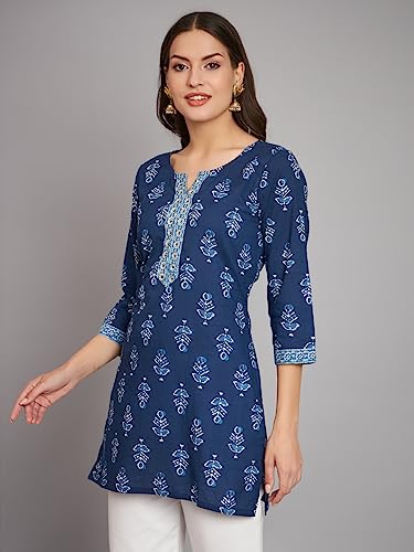 Image of Rapsodia Women Cotton Navy Blue Ethnic Buti Printed Short Kurti