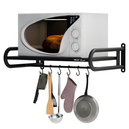Image of Saifix Microwave Stand For Kitchen | Wall Mounted | Oven Stand | Dish Rack | Pot Racks | Utensil Organiser | Printer Shelf | Fax Rack (60 L x 40 W x 18 H CM's, OS-09, Black Color)