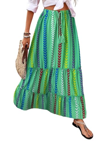 EARKOHA 2025 Women's Striped Pleated A-Line Maxi Skirt Casual Summer Boho Flowy Skirt Beach Vacation Outfits Green L