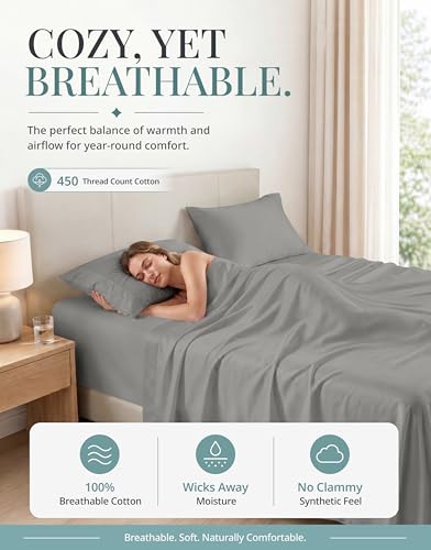 Image of 450TC 100% Cotton Queen Bed Sheets - Silky Smooth Sateen Weave, Paloma