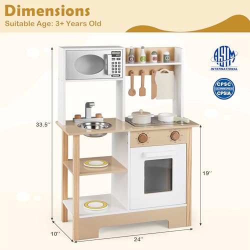 HONEY JOY Play Kitchen with Chalkboard, Wooden Kids Kitchen Playset, Stove, Microwave, Faucet & Sink, 13 Cook Accessories, Storage Cabinet, Toy Kitchen Set, Gift for Toddlers Boys Girls, Natural - Image 9