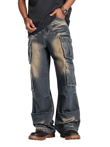 Pantalon cargo décontracté en denim Idopy solide anti-déchirure à poches profondes