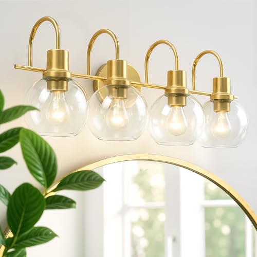 Image of 4-Light Gold Bathroom Vanity Light, 28 inch Modern Brushed Gold Wall Sconce with Clear Glass Shades, Bathroom Light Fixtures Over Mirror Lighting for Bedroom, Hallway,Easy Installation