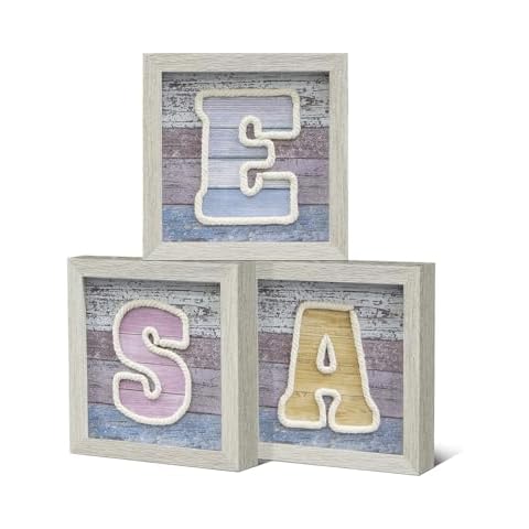 Zessonic Nautical Coastal Wall Art Decor - 8" x 8"Rustic Beach Wall Art with 3D Cotton Rope Letter for Ocean Nautical Bathroom Decor, Famed Set of 3 Cover