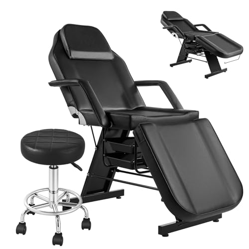 Hicomony Black Tattoo Bed with Salon Stool, Esthetician Bed Tattoo Table with Storage Basket, Multi-Purpose Lash Chair Spa Table, 360 Swivel Adjustable Facial Chair for Client