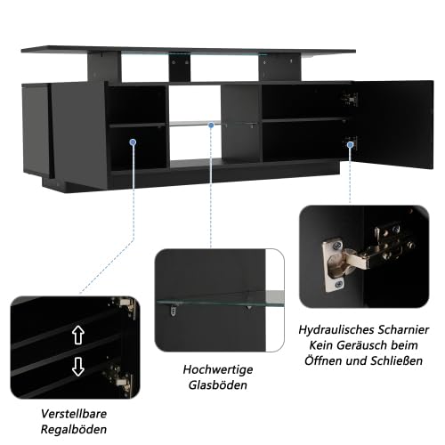 Merax Schwarzer TV-Schrank mit LED-Beleuchtung – 140 cm, Hochglanz-Design für 60-Zoll-Fernseher, App-gesteuerte RGB-Lichter, 2 Schranktüren & 5 offene Fächer – TV Board für Wohnzimmer & Schlafzimmer