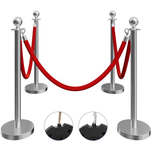 Image of 4 Pack Silver Stanchions and Velvet Ropes Set, Stainless Steel Crowd Control Barriers, 3Pcs Red Ropes and Poles for Party Supplies,Photobooth Accessories,Prom,Birthday,Business,Wedding, Museums
