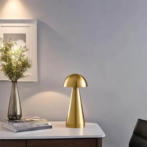Image of Big Mushroom Gold Table Lamp with 3 Color Modes Warm Cool Natural Light, Stepless Dimming,1200 mAh Rechargeable Battery, Cordless LED Light, Premium Finish for Bedroom Bedside Desk Home Decor