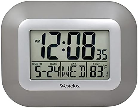 Westclox Large Digital Wall Clock Battery Operated Large Digital Clock with Temperature Date and Day of Week with Alarm | Modern Digital Desk Clock for Office Kitchen Bedroom or Living Room | Silver