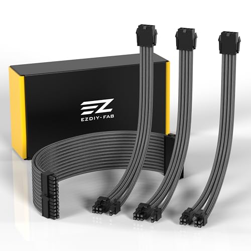 EZDIY-FAB PSU Extension Cable Sleeved Custom Mod PC Power Supply Cable, Soft Nylon Braided with Comb Kit 24PIN/8PIN to 6+2Pin/ 8PIN to 4+4PIN-30CM 300MM-Carbon