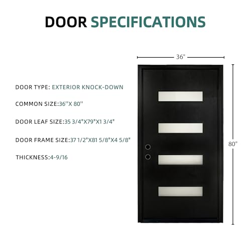 Image of Casaphoria 36 inch x 80 inch Fiberglass Entry Door Without Door Frame,Right Hand Inswing Exterior Door with Brickmould,Contemporary Wooden Grain Knock-Down Front Door for Home Entrance, Black Door Slab Only