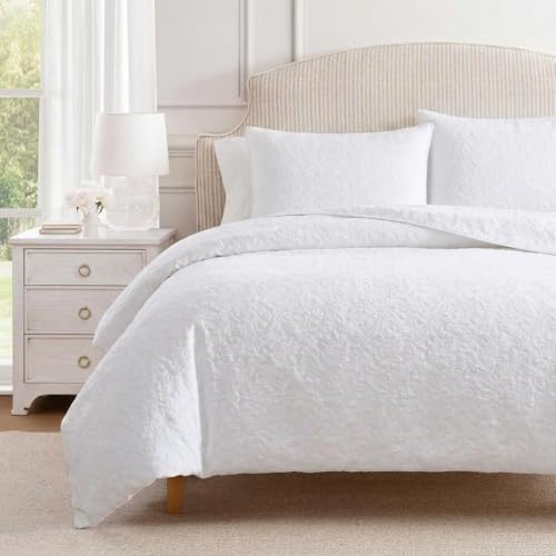 Image of Martha Stewart - Twin Comforter Set, Naturally Soft Cotton-Rich Jacquard Bedding w /Matching Pillowcase, Textured 2 Piece Bed Set (Garden Trellis White)