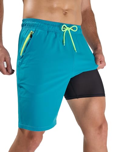Arcweg Men's Swim Trunks with Compression Liner and Zipper Pockets Quick Dry Large Bathing Suit Sky Blue Board Swimming Shorts